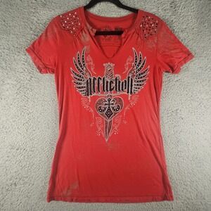 Affliction Top Womens L Red Rhinestones Punk Rock Sword Distressed‎ Edgy Grunge